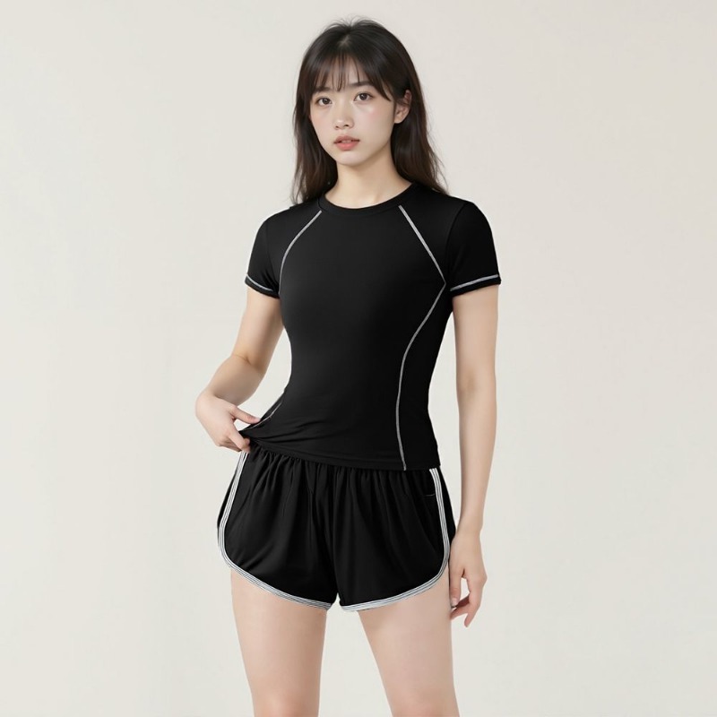 Badminton China - Damen Schnelltrocknendes Kontrast-Piping Kurzarm-Oberteil Lose Shorts